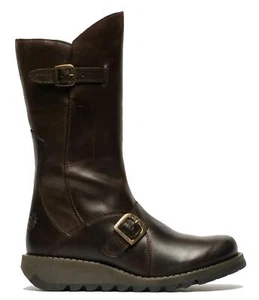Fly London Womens Brown MES 2 Boots Wedge Heel  Buckle Mid-Calf Leather Zip - Picture 1 of 8