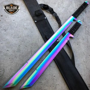 27" & 18" NINJA RAINBOW SWORD SET Samurai Machete COMBAT FANTASY KNIFE Sheath - Picture 1 of 1