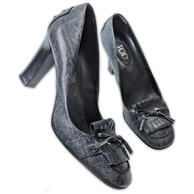 Zapatos de tacón Tod's de cuero gris/azul detalle de flecos estampado animal Italia EU37 Foto 1 de 4