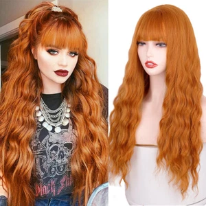 Long Wavy Ginger Orange Heat Resistant Hair Cosplay Wig With Bangs - Picture 1 of 8