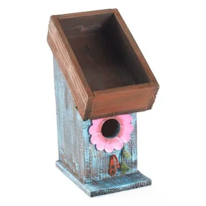 Wood and metal Planter Birdhouse blue and pink flower perch - Picture 1 of 2