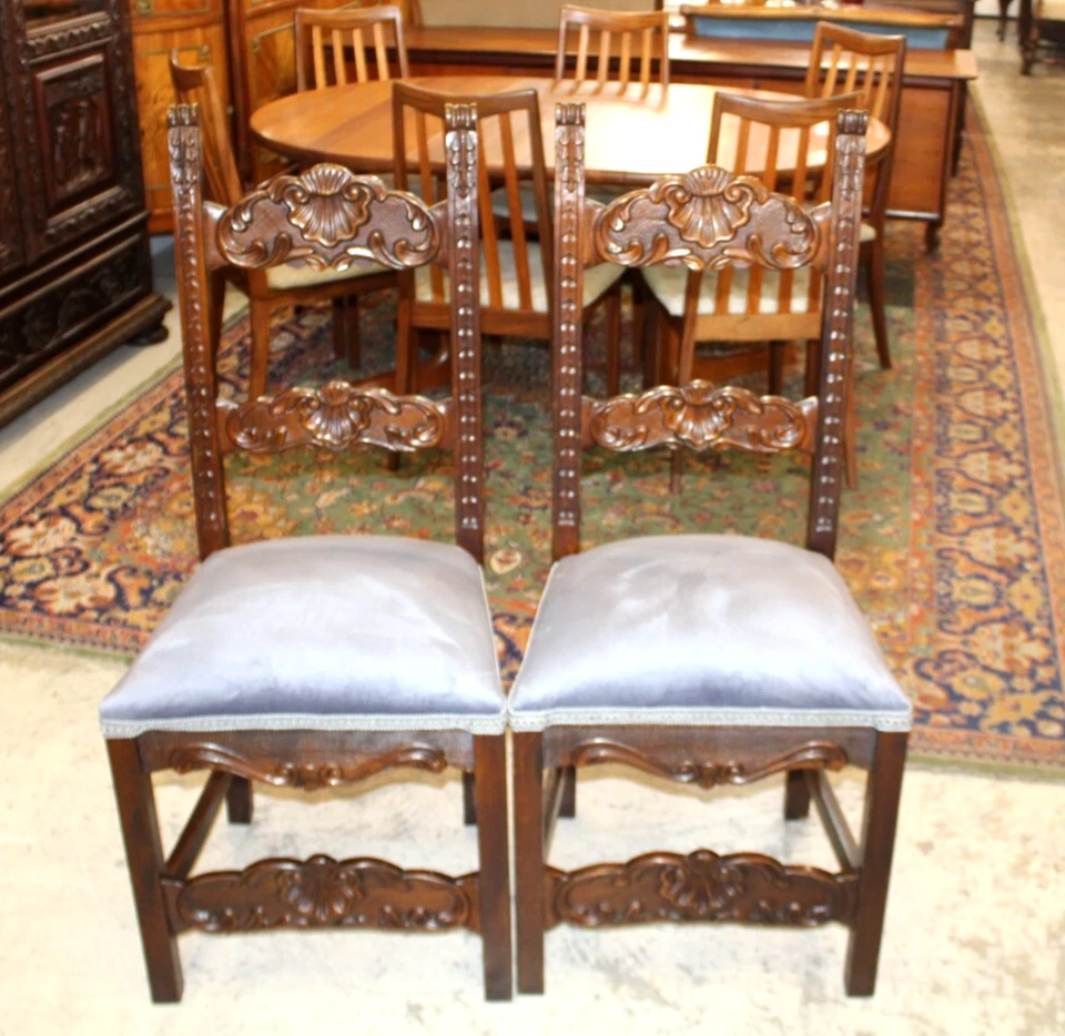 Set of 2 French Renaissance Antique Dining Chairs | Carved Walnut & Upholstered - Image 1 of 4