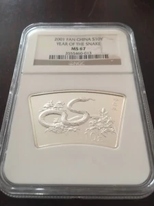 NGC MS67 China 2001 Lunar Snake Zodiac Year Fan-shaped Silver Coin 1 oz 10 Yuan - Picture 1 of 2