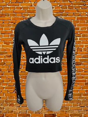 WOMENS ADIDAS SIZE UK 8 BLACK LONG SLEEVE CROPPED T-SHIRT TOP CASUAL ACTIVE  - Image 1 of 4