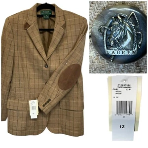 Ralph Lauren Women Sz 12 Lambs Wool Equestrian Riding Blazer Brown Lapel Elbows - Picture 1 of 21