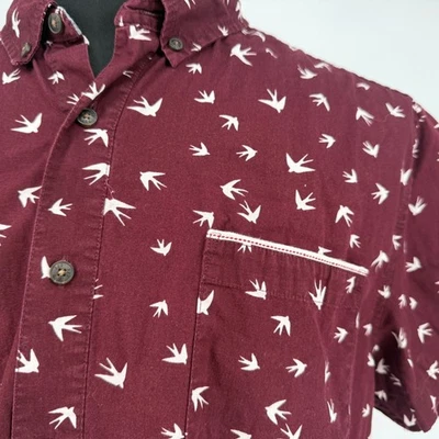 Adam Levine Mens XL Button Down Short Sleeve Shirt Bird Print Maroon Swallows - Image 1 of 4
