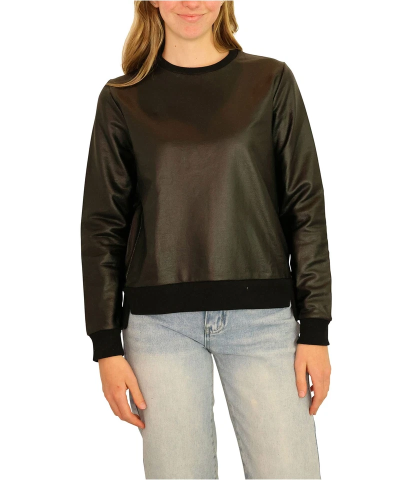 Elevenparis Womens Faux Leather Sweatshirt, black, XS - Image 1 of 1