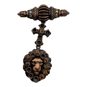 Vintage Bronze Lion Head Cross Brooch 2.5” Rhinestone Dangle Pin - Foto 1 di 5