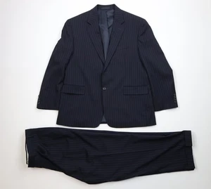 Vintage Chaps Mens 44S 2 Piece Wool Pinstriped Suit Wedding Navy Blue 38x30 - Picture 1 of 17