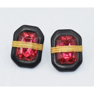 Vintage 80's ART DECO Fuchsia Lucite Rhinestone Pageant Leather Clip Earrings - Picture 1 of 6