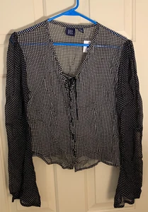 DCC Sheer lace up Boho Blouse Top Black & White Polka Dot Size M NWT - Afbeelding 1 van 6