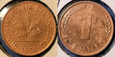 Germany 1950-J 1 Pfennig Tall J KM-105 Copper clad iron aUNC #101 Scarce - Image 1 of 2