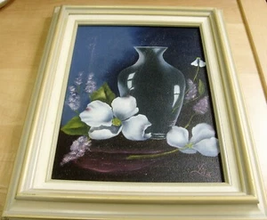 Vintage signed Lila real oil painting canvas still life clear vase floral 50664 - Picture 1 of 6