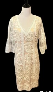 Soieblu Lace Nude Underlay Dress •XL•Ivory Sheer Embroidered Bell Sleeve Wedding - Picture 1 of 8