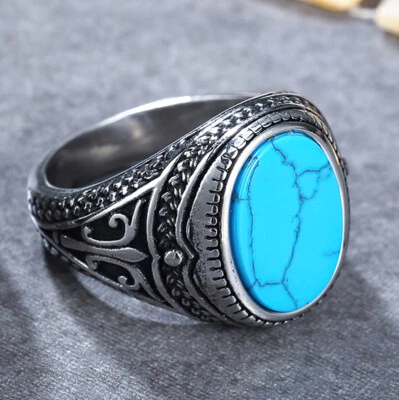 Anillo de piedra para hombre de acero inoxidable estilo antiguo sello ovalado turquesa banda de ónix Foto 1 de 4