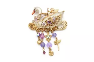 Kirks Folly Brooch Pin Gold Tone Crystal Swan Fairy - Picture 1 of 8