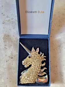 VINTAGE RHINESTONE UNICORN HEAD BROOCH-ELIZABETH DUKE-2 1/2" - Picture 1 of 4