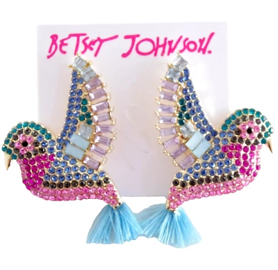 1.75" BETSEY JOHNSON CRYSTAL RHINESTONE BIRD w/ FRINGE TASSEL TAIL DROP EARRINGS - Image 1 of 4