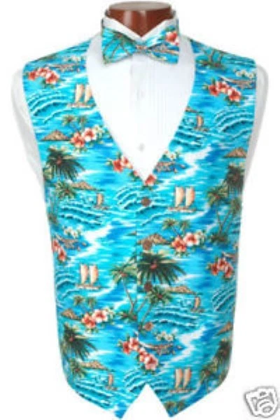 Ocean Blue Tropical Tuxedo Vest and Bowtie - Image 1 of 1