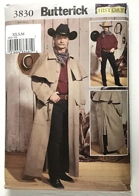 Butterick 3830 Men Western Cowboy Duster Coat Shirt Costume Pattern XS-M 30-40 - Image 1 of 4