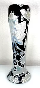 Vintage Double Dipped Black Over Milk Glass Cut To Clear Art Nuveau 12.25” Vase - Picture 1 of 12