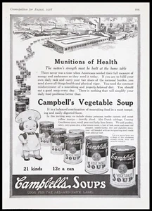 1918 CAMPBELL'S Vegetable Soup 12¢ Per Can WWI Munitions of Health Vtg PRINT AD - Picture 1 of 1