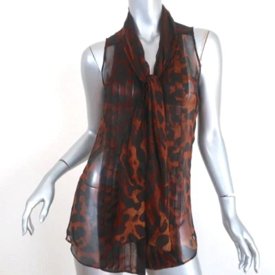 Alexander McQueen Tie-Neck Blouse Leopard Print Chiffon Size 40 Sleeveless Top - Image 1 of 4