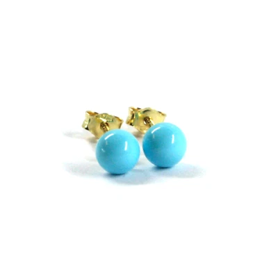 18k yellow gold 5mm small spheres balls reconstructed turquoise button earrings - Image 1 of 4