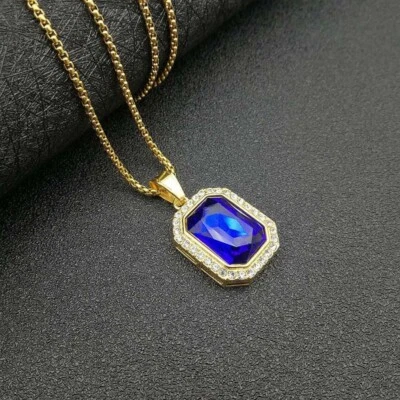 Collar colgante de piedras preciosas de cristal chapado en oro de acero inoxidable hip hop Foto 1 de 4