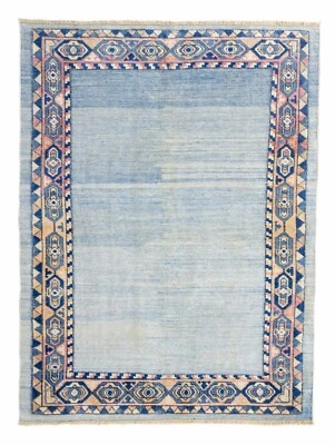 Alfombra de lana Oushak turca hecha a mano de colección 3'5" × 4'8" pies - azul cielo y melocotón tranquilo Foto 1 de 4