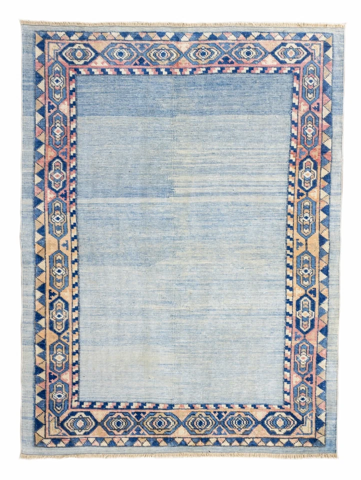 Alfombra de lana Oushak turca hecha a mano de colección 3'5" × 4'8" pies - azul cielo y melocotón tranquilo Foto 1 de 4