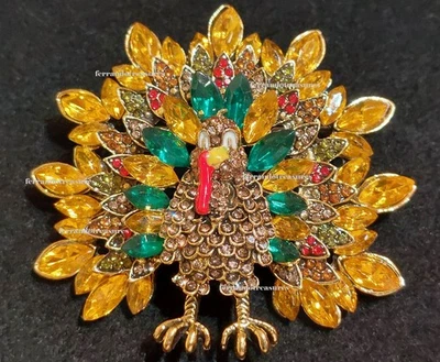 Turkey Thanksgiving Day / Fall Crystal Rhinestone Brooch Pin Velvet Bag - Image 1 of 4