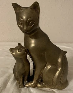 Vintage Brass Cat & Kitten Figurine 6 3/4" Tall - Picture 1 of 7