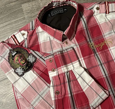 Camisa Coogi para hombre roja/blanca a cuadros con logotipo bordado manga larga abotonada talla XXL Foto 1 de 4