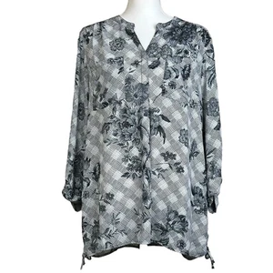 Roz & Ali Top Women Size XL Black Gray Floral Boho Henley Pleated Back Tunic - Picture 1 of 13