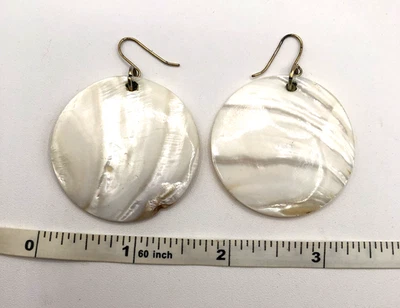 Genuine Round Mother of Pearl Abalone Iridescent Shell Disk Dangle Earrings - Image 1 of 4
