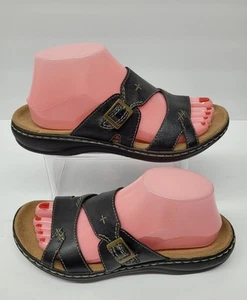 CLARKS Bendables Womens Size 8 M Black Leather Side Buckle Slip On Sandals - Picture 1 of 9