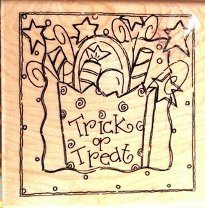 Trick Or Treat CANDY Paper BAG HALLOWEEN Frame Rubber Stamp QUICK CARD JKL  RARE - Picture 1 of 5