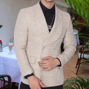 Double Breasted Blazer British Retro Lattice Men Blazer Smoking Business Blazer - Picture 1 of 16