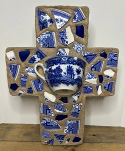 Broken Blue China Mosaic Stone Cross, Japanese China, 6 lbs - Picture 1 of 11