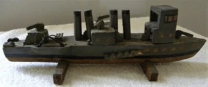 Vintage Homemade Hand Carved Gun Boat, Ship, Folk Art 10" Wood Battleship - Picture 1 of 7