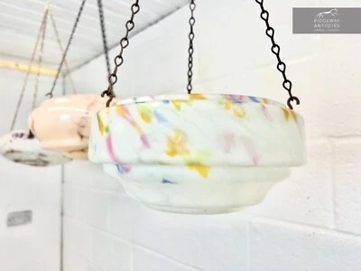 Art Deco, Multi-Coloured Glass Ceiling Light Shade / Bowl & Chain - Image 1 of 4