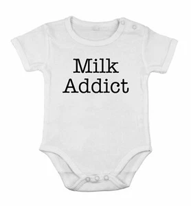 Babygrow milk addict text Bodysuit Romper Newborn infant special Shower gift - Picture 1 of 5