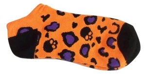 Halloween Ankle Sock ~ Size 9-11, Shoe 4-10 (Skulls and Leopard Print on Orange) - Picture 1 of 1