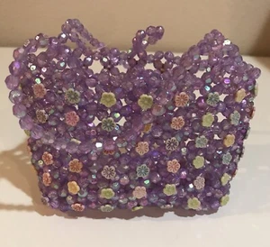 Mädchen kleine lila Perlen bunte Blumen Perlen Handtasche 3”x5” 3” Riemen - Bild 1 von 6