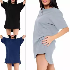Women Front Pocket Short Sleeve Nightwear Plain Cotton Night Wear Long T-shirt - Picture 1 of 29