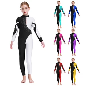 Girls One-Piece Catsuits Gymnastics Bodysuit Contrast Color Full Length Unitards - Picture 1 of 60