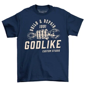 Godlike Custom Studio Mechanic T-Shirt Men's Motorcycle Vintage Bikes Tee Shirt - Picture 1 of 6
