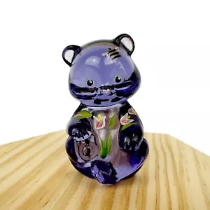 Fenton Art Glass Hand Painted Bear Cub Figurine Purple Signed Bumble Bee Flowers - Picture 1 of 11