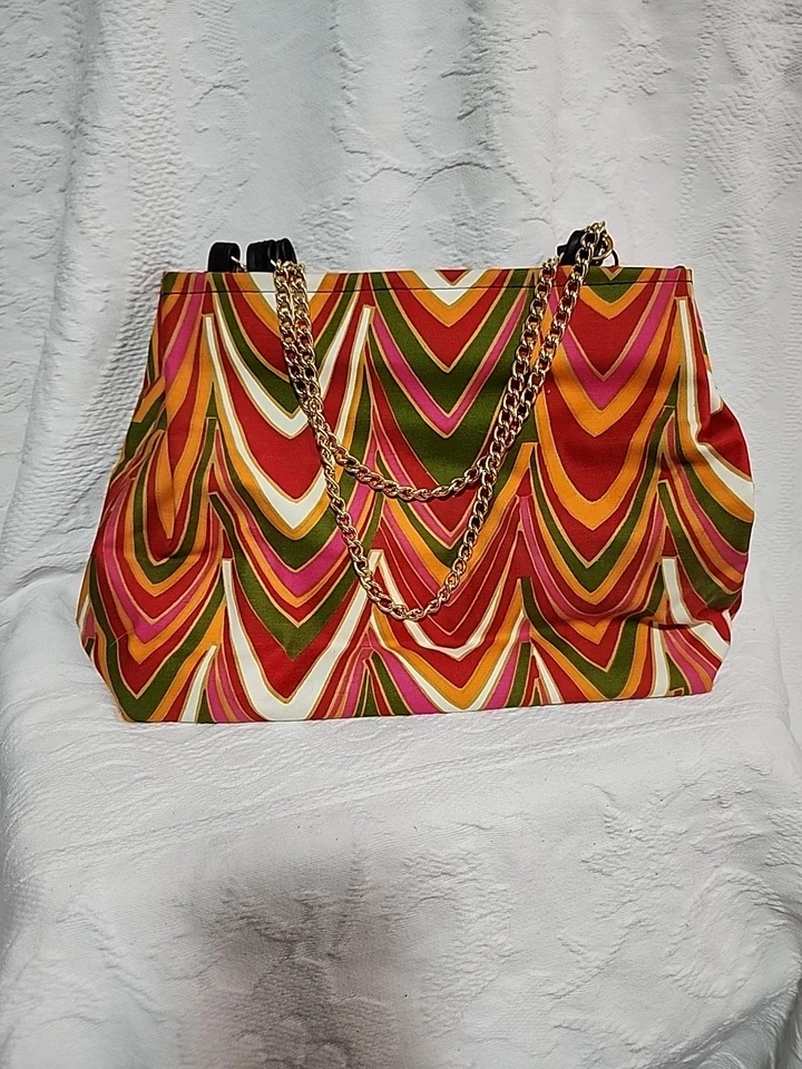 Vintage 60s/70s Mod Psychedelic Canvas Tote Bag Purse With Gold Chain Handle - Image 1 of 4